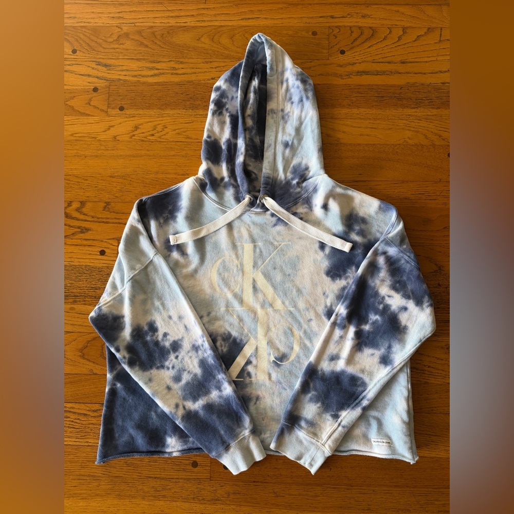Calvin Klein Blue and White Tie-Dye Logo Hoodie